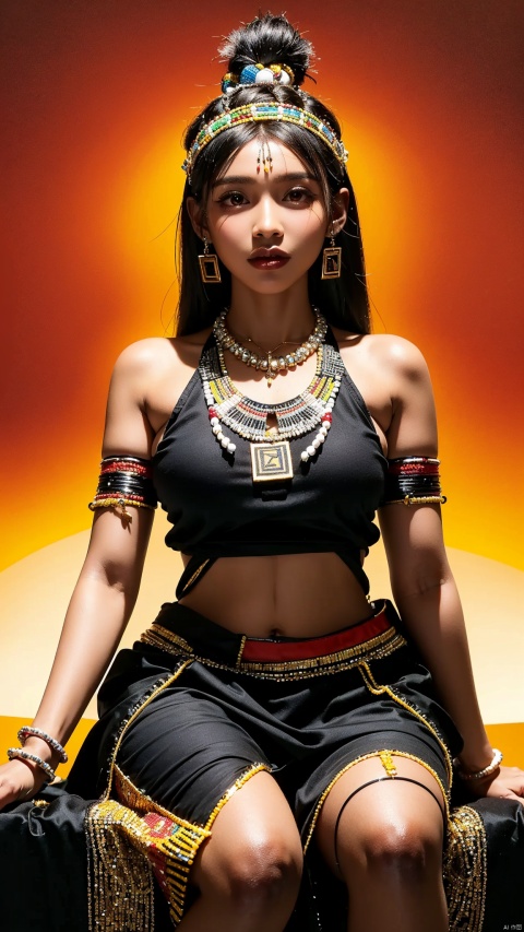 1girl, tifa,(black race,black skin:1.8),(best quality:1.4), (masterpiece:1.4), (Beautiful African girl:1.7), donned in traditional (tribal attire:1.6), armfuls of beaded bracelets, a vibrantly colored and patterned skirt, intricate (beaded necklace:1.5), feathered headdress, and bold tribal markings embellishing her youthful face. Posed against the rich hues of an African sunset, she embodies the spirit of her culture. dynamic pose ,style pose,sitting,full body,The nose is wide and flat, the transverse diameter of the nostrils is large, the lips are raised, the mouth is wide, and the lips are turned out