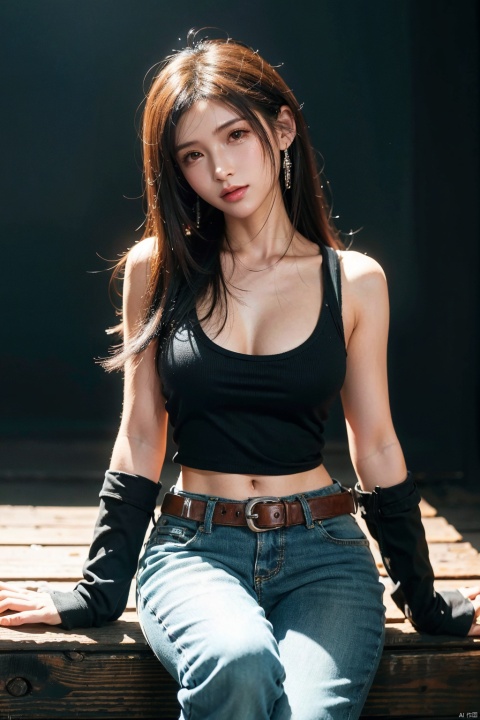  cowboy shot,(Good structure), DSLR Quality,Depth of field,looking_at_viewer,Dynamic pose,, DSLR Quality,masterpiece,best quality,ultra high res,1girl,colorful theme,depth of field,humanoid organisms, 1girl, Tifa,ff7,final_fantasy_7,sitting_down,