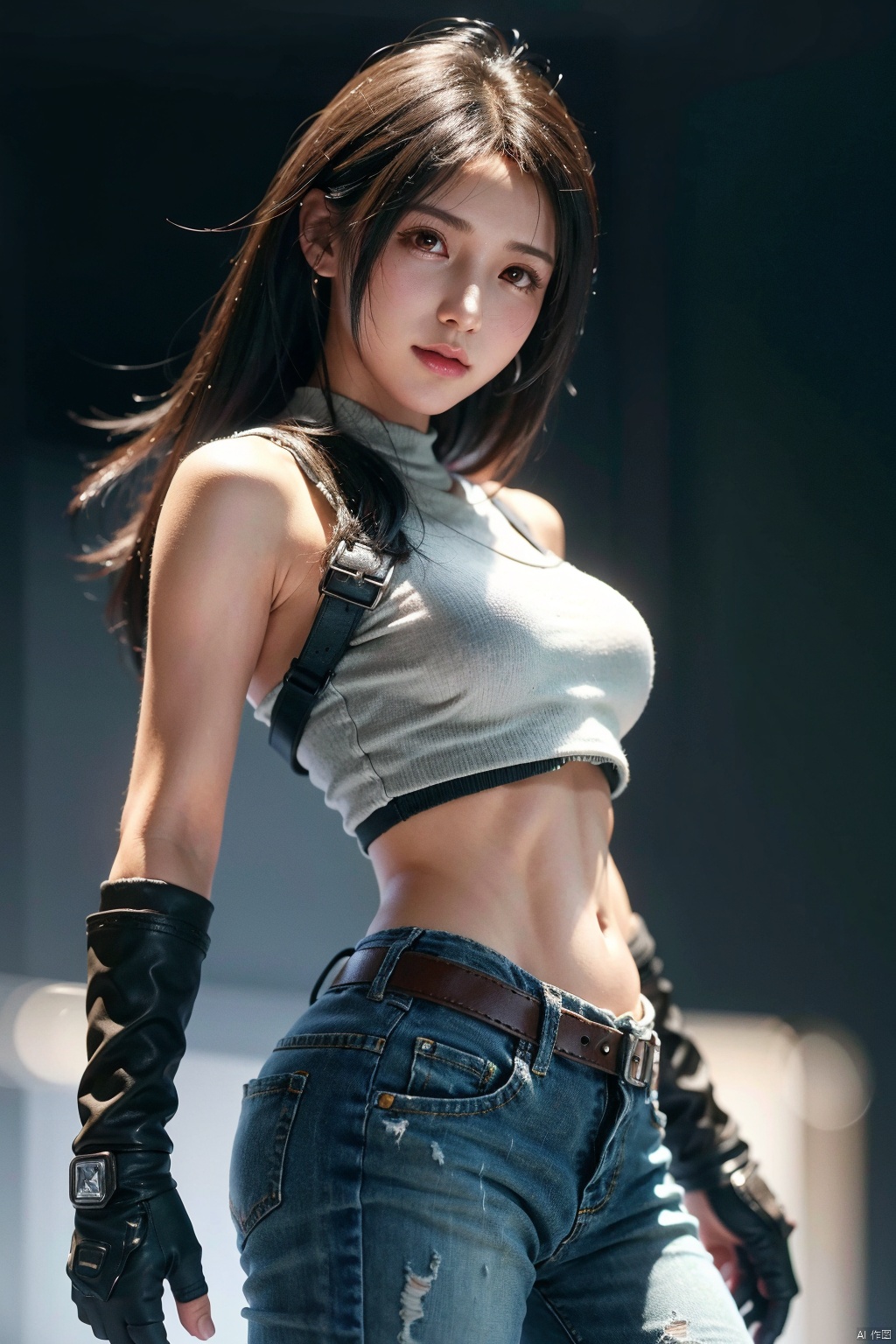  cowboy shot,(Good structure), DSLR Quality,Depth of field,looking_at_viewer,Dynamic pose,, DSLR Quality,masterpiece,best quality,ultra high res,1girl,colorful theme,depth of field,humanoid organisms, 1girl, Tifa,ff7,final_fantasy_7,battle_stance,