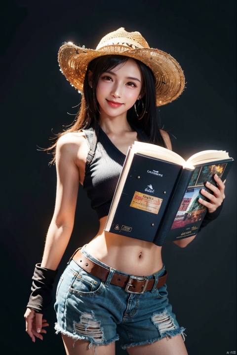  cowboy shot,(Good structure), DSLR Quality,Depth of field,kind smile,looking_at_viewer,Dynamic pose,, DSLR Quality,masterpiece,best quality,ultra high res,1girl,colorful theme,depth of field,humanoid organisms, 1girl, tifa,(read book:1.4)