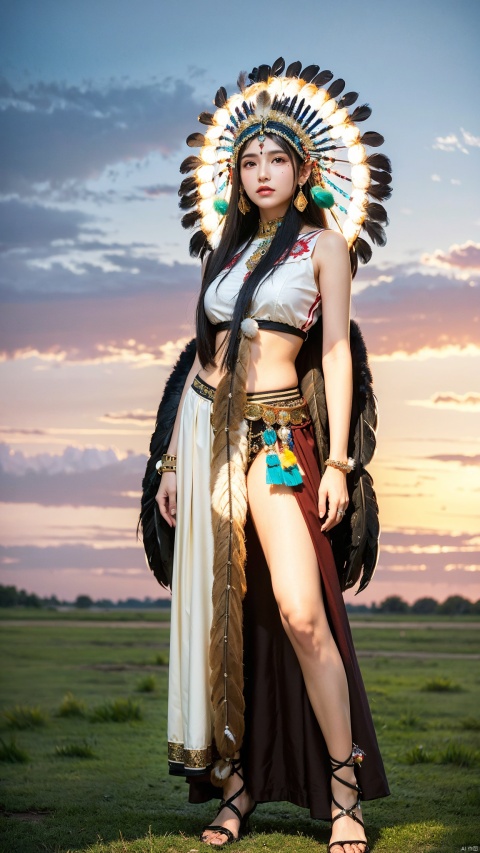 1girl, tifa,setting,full body,(best quality:1.4), (masterpiece:1.4), (Indian Maiden of Transcendent Beauty:1.4), adorned with an (eagle feather headdress:1.3), shell jewelry,distinctive facial paint, against the backdrop of the sweeping prairieland under a twilight sky. 