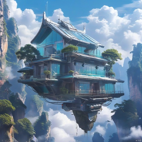 A house floating in the sky, made of glass and silvery metal, suspended above a utopian paradise reminiscent of Zhangjiajie's mountains., Cyberpunk Fantasy