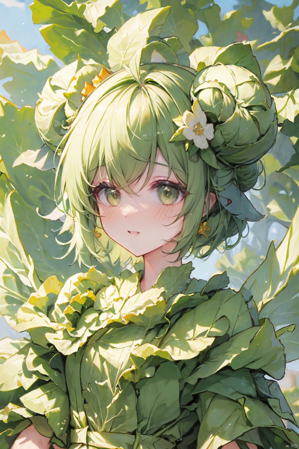  1girl,cabbage_dress,1girl, solo, looking at viewer, blush, short hair, bangs, hair ornament, dress, bow, animal ears, green eyes, flower, green hair, wings, virtual youtuber, hair flower, hair bun, double bun, crown, fairy wings, mini crown, fairy, leaf hair ornament,pear blossom,leaf ears,ears are made of leaves,ears on both sides of the cheek