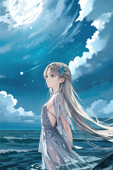 ((masterpiece)), ((best quality)), ((illustration)), extremely detailed,style girl, long shot, small breast,light grey very_long_hair, scifi hair ornaments, beautiful detailed deep eyes, beautiful detailed sky, beautifuldetailed water, cinematic lighting