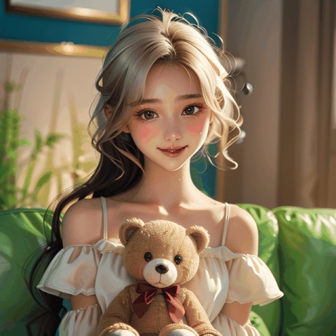  
Young girl, white hair, black Lolita dress, sitting on the sofa, holding a doll bear smiling, high quality, shot in Canon, super realistic