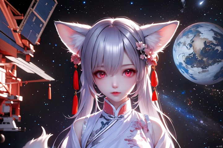 masterpiece,best quality,official art,extremely detailed CG unity 8k wallpaper, artbook, 1girl, (space), spacecraft, (chineseclothes), the whole body, science fiction, silver hair,red eyes, glowing eyes, fox_ears, kawaii, Chinese, kawaii, mesugaki