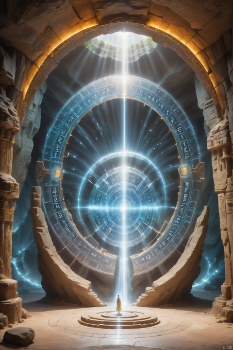  Oriental Immortal Cultivation, Teleportation Formation,A circular Stargate that takes a man to another future, ancient inscriptions, set inside a mysterious cave,A fairy, with his back to the camera, standing