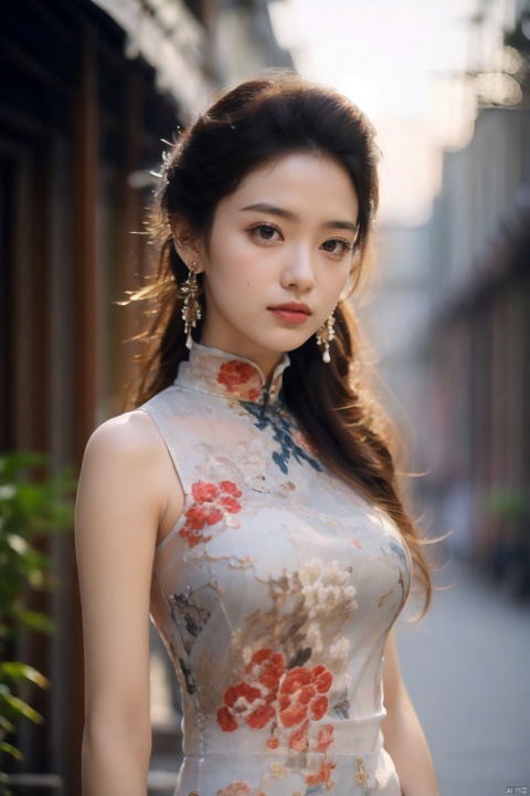  1girl, solo, long hair, （looking at viewer:1.6), smile, simple background, black hair, hair ornament, jewelry, closed mouth,earrings, makeup, chinese clothes, red lips, tassel earrings, hanfu, realistic,Look at the camera,（Full-length portrait:1.5）,White Hanfu, elegant clothes, fairies, charming, tyqp