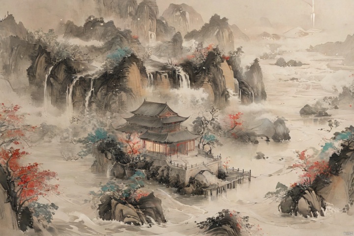  The mighty river, with its great waves, Fantasy, (ink style), (Chinese elaborate-style painting), excellent lighting, super detail, depth of field, Center the composition, studio Ghibli, science fiction, colorful, masterpiece, best quality, ((high saturation)),((ultra-detailed)), Fujifilm, (extremely detailed CG unity 8k wallpaper),(masterpiece), (best quality), (ultra-detailed), (best illustration),(best shadow), (an extremely delicate and beautiful), dynamic angle, floating, finely detail, abstract art, science fiction, Cyberpunk, masterpiece, best quality,((ultra-detailed)), Original, ananmo, black and white, greyscale, wash painting, Chinese traditional painting, monochrome, sketch, minimalism, pencil drawing, clear lines, low angle shooting, A minimalist design, traditional chinese ink painting,ananmo