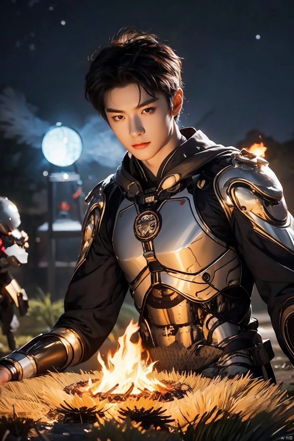  ****_male,glowing,cyborg, energy,evening,fire,magic,Neon lights, blurry background, (\shen ming shao nv\), jiqing, (/qingning/), myinv, (\MBTI\), eluosi