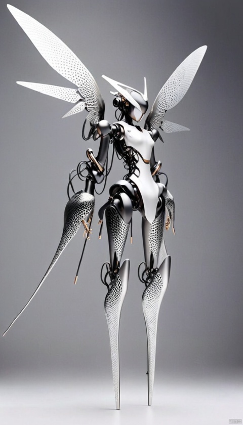  ,future technologies,bailing_robot,robot,robotics,machine_robo,A metal robot with delicate mechanical patterns,gradient,Partial texture of a metal robot,gradient background,grey background,Technological Fantasy,monochrome,solo,weapon,greyscale,no humans,simple background,1girl,Matte Metal,wings,wire,machine_rob