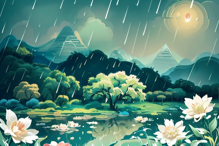  ( Rain :1.3), spring , lawn , flowers , trees , forest , green , greenery , meadow , river , masterpiece , very fine , detailed wallpaper , perfect lighting , painting , super fine , high quality , high detail , stereoscopic , super rich ,32k,