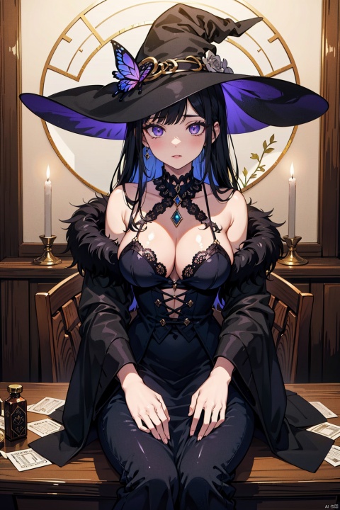 The witch wears a magnificent robe of deep purple,adorned with intricate silver runes that shimmer with a dark glow. The robe billows gracefully behind her,enhancing her air of mystery and charm. Her long black hair,as dark as night,flows loosely over her shoulders,exuding a sense of lazy elegance. On the table,various mystical objects are arranged,the most noteworthy being a scale. One side holds a bottle filled with potions,its contents shimmering with multicolored lights that seem to contain infinite magic. The other side displays a magic bottle,emitting a mysterious aura with its engraved runes,provoking curiosity and awe. Reclining lazily on a green chair,a black cat stares intently at the witch,its eyes deep and pensive. The cat's fur is soft and shiny,its black coat glinting in the candlelight,adding a touch of mystery to the scene. In one corner of the room,a magic mirror hangs,reflecting the witch's figure in its depths. Her face appears vaguely in the mirror,as if harboring an unfathomable power. The frame is adorned with intricate gemstones,emitting a seductive glow that enhances the room's air of mystery and luxury. Candles and tarot cards are also present on the table. The flickering flame of the candles casts a warm and dim light,creating a cozy and enigmatic atmosphere. The tarot cards,lying silently on the table,exude a mysterious aura with their intricate patterns and symbols,seeming to whisper secrets of the future. The overall scene,dominated by hues of purple and black,evokes a sense of enchantment and mystery. The witch,the scale,the magic bottle,the potions,the butterfly specimens,the black cat,and the magic mirror intertwine to create a world of fantasy and magic. In this world,the witch explores the mysteries of the universe with her wisdom and power,seeking unknown knowledge and truth,
