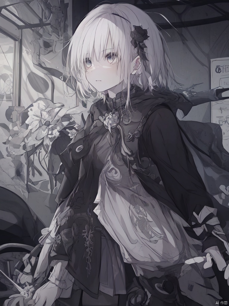  An 18-year-old girl,Short white hair,No clothes , Black Cloak,Blue Eyes,Subway station,No expression,Hiss, texas_the_omertosa_(arknights), solo,(masterpiece),