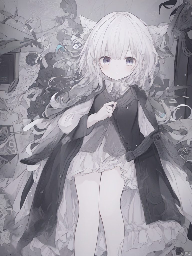  An 18-year-old girl,Short white hair,No clothes , Black Cloak,Blue Eyes,Subway station,No expression,Hiss, texas_the_omertosa_(arknights), solo,(masterpiece),