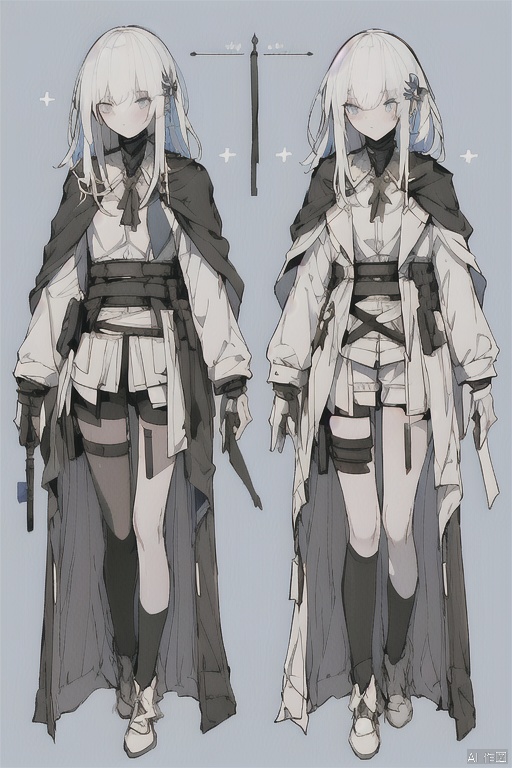 A Girl with a sword, dusk,  long white hair, subway station, Blue Eyes,Black Cloak,Passers-by walked by,Delicate features,Soft light source,Exquisite picture quality,The right human body,Delicate face, texas_the_omertosa_(arknights), Character design,1girl, LineArt_dark,sol, Multi-view