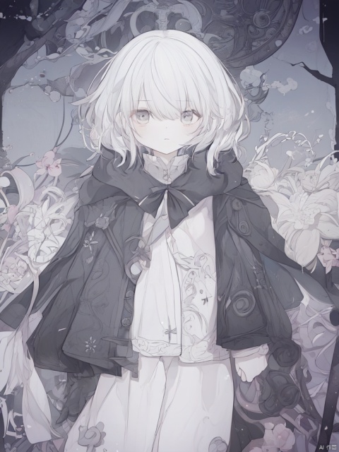  An 18-year-old girl,Short white hair,No clothes , Black Cloak,Blue Eyes,Subway station,No expression,Hiss, texas_the_omertosa_(arknights), solo,(masterpiece),