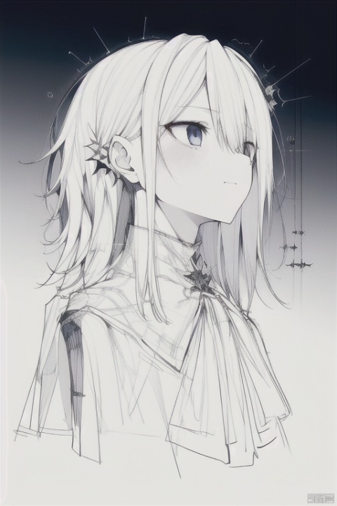 A Girl with a sword, dusk,  long white hair, subway station, Blue Eyes,Black Cloak,Passers-by walked by,Delicate features,Soft light source,Exquisite picture quality,The right human body,Delicate face, texas_the_omertosa_(arknights), Character design,1girl, LineArt_dark,sol, Multi-view, solo,((masterpiece,bestquality))