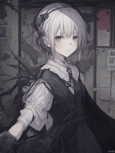  An 18-year-old girl,Short white hair,No clothes , Black Cloak,Blue Eyes,Subway station,No expression,Hiss, texas_the_omertosa_(arknights), solo,(masterpiece),