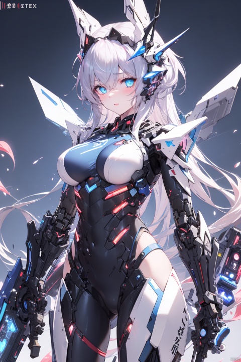 1girl, perky breasts, (surrounded by rotating transparent red scrolls, floating transparent red Chinese characters, dynamic, rotating), standing in the air, not looking at the camera, writing calligraphy, solo, blue eyes, holding, weapon, (holding weapon, neon, glowing, robot, mecha), cyberpunk, open_hand, v-fin, movie lighting, strong contrast, high level of detail, best quality, masterpiece, female venom, perfect body, slender figure, bailing_glitch_effect,