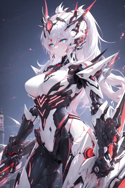 1girl, perky breasts, (surrounded by rotating transparent red scrolls, floating transparent red Chinese characters, dynamic, rotating), standing in the air, not looking at the camera, writing calligraphy, solo, blue eyes, holding, weapon, (holding weapon, neon, glowing, robot, mecha), cyberpunk, open_hand, v-fin, movie lighting, strong contrast, high level of detail, best quality, masterpiece, female venom, perfect body, slender figure, bailing_glitch_effect,
