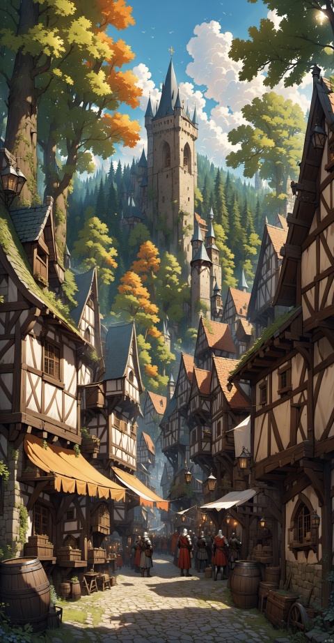 Medieval, outdoors, a border town in a forest, an old forest, chaos