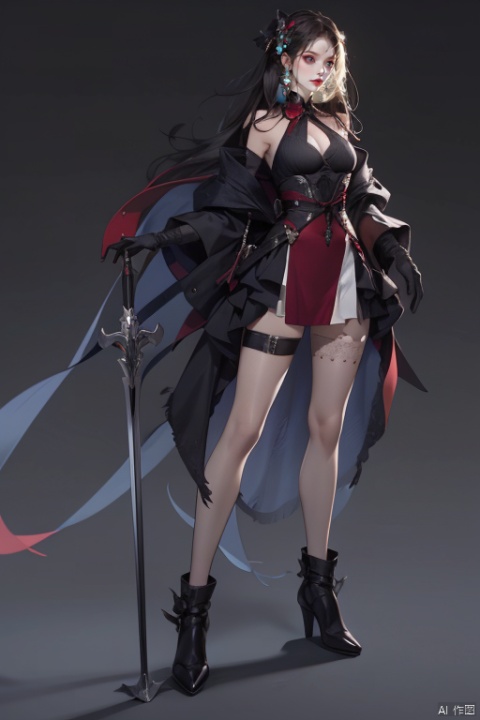  1girl, solo, breasts, looking at viewer, long hair, black hair, gloves, dress, cleavage, bare shoulders, pantyhose, sleeveless, black gloves, fingerless gloves, torn clothes, clothing cutout, cleavage cutout, red footwear,torn black stockings,boa hancock,torn armor,be injured,bloody,Imperial Sister,be defeated