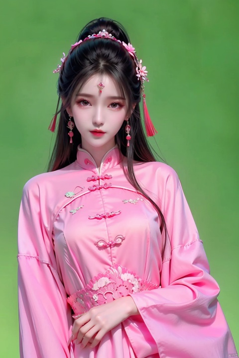 1girl, solo, looking at viewer, black hair, hair ornament, long sleeves, dress, jewelry, green eyes, upper body, earrings, wide sleeves, nail polish, gradient, makeup, facial mark, chinese clothes, pink dress, green background, forehead mark
