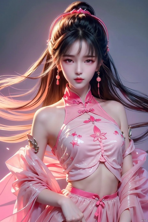 (fluorescent color: 1.4), (translucent: 1.4), (retro filter: 1.4), (fantasy: 1.4), a girl with painted nails, eye makeup, big eyes, thin lips, flat lines, meticulous painting, Minimalist, Chinese classical character illustrations, monsters with unique style. Pink-green clothes, fluorescent semi-transparent