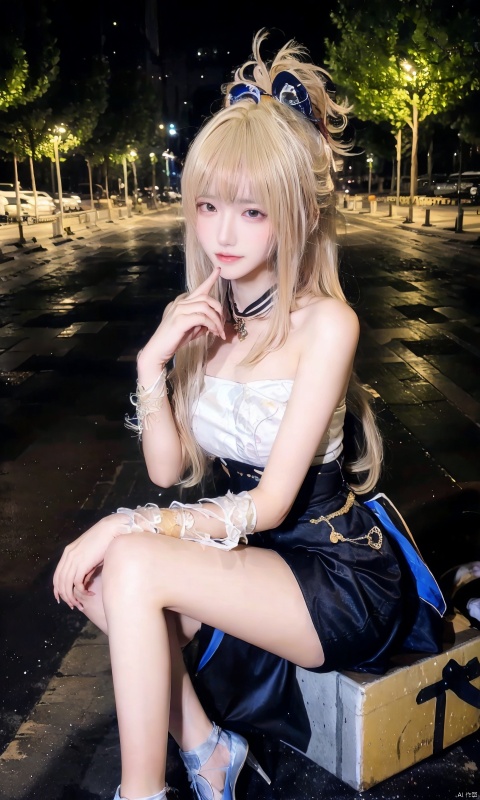  night, cityscape, light, realistic, photo, real, profile, Chinese, ojousama, beautiful detailed eyes, embarrassed , medium breasts, golden maxi, shine eyes01,20 years old girls, luolitou,looking away,smile,full body,full of detailed,makeup,long legs,golden high heels,bare legs,nine-headed body,(walking:1.2),high ponytail,sitting