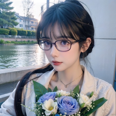  girl, sunshine, aesthetic,bright light,night, 2k, aomei, luolitou, 1girl,bust, Add details, shine eyes01,ponytail,color contact lenses,blouse under coat, Aristocrat, eldest lady,(bouquet in hand:1.2), solo, looking_at_viewer,thin, Reasonable grip posture,(wearing glasses:1.4),16 years old girl, light_line,water,water drop, gorgeous,multiple_colors,,sunlight, galaxy,realistic, purple eyes, multiple_colors_eyes,++,