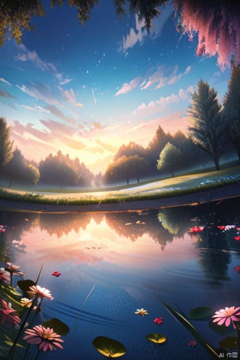  masterpiece, best quality, extremely detailed CG unity 8k wallpaper, a magical pond in the evening, finely detailed, cinematic lighting, highres, flowers bloom,（（（Spring morning）））
.super wide angle（（（masterpiece）））, （（best quality））,（（Intricate details））,（（surreal））（8K）