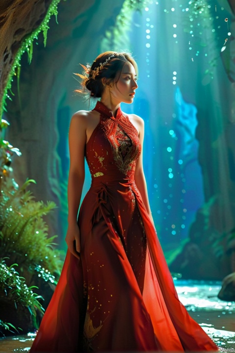  Picture a graceful woman in a vibrant red dress with golden embroidery, reminiscent of traditional Asian fashion. She stands in a magnificent cave, its interior lit by a constellation of bioluminescent speckles. The cave walls are a tapestry of dark, luscious blues and greens, shimmering with natural light. In her hand, she holds a large, ornate fan matching her dress, unfurled to reveal a detailed design that adds to her commanding presence. Her other hand is raised gently towards the sky, as if interacting with the mystical light around her. Her hair is styled up with braids and natural accessories, and her pose is one of empowerment and awe as she gazes upwards. The floor of the cave is mirrored by a still pool of water, reflecting the enchantment of the scene, best quality, ultra highres, original, extremely detailed, perfect lighting