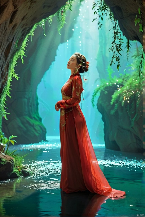  Picture a graceful woman in a vibrant red dress with golden embroidery, reminiscent of traditional Asian fashion. She stands in a magnificent cave, its interior lit by a constellation of bioluminescent speckles. The cave walls are a tapestry of dark, luscious blues and greens, shimmering with natural light. In her hand, she holds a large, ornate fan matching her dress, unfurled to reveal a detailed design that adds to her commanding presence. Her other hand is raised gently towards the sky, as if interacting with the mystical light around her. Her hair is styled up with braids and natural accessories, and her pose is one of empowerment and awe as she gazes upwards. The floor of the cave is mirrored by a still pool of water, reflecting the enchantment of the scene, best quality, ultra highres, original, extremely detailed, perfect lighting