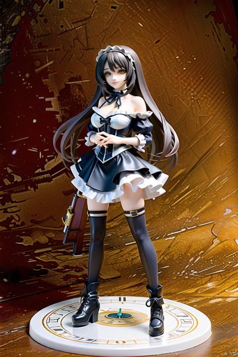  (best quality:1.5),(masterpiece:1.5),excellent facial detailing,intricate detail,great textures,(ultra high res),photorealistic,realistic,killer, PVC figure, 1girl, tokisaki kurumi, solo, weapon, gun, black hair, clock eyes, twintails, dress, long hair, thighhighs, hairband, boots, red eyes, lolita fashion, lolita hairband, rifle, heterochromia, clock, symbol-shaped pupils, smile, looking at viewer, yellow eyes, bare shoulders, medium breasts, breasts, full body, finger to mouth, roman numeral