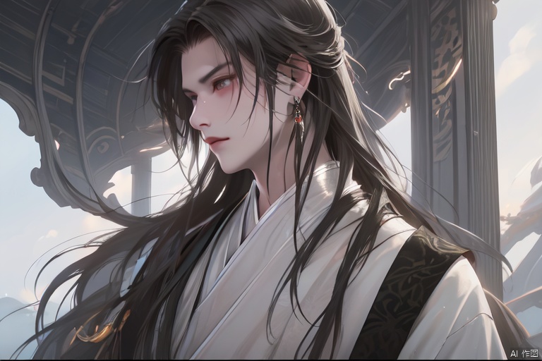 A boy with black hair,white hair,long hair and a high nose.Bust photo,China costume,Hanfu,bust photo,Gorgeous clothes,costumes,highlights,white highlights,Outdoor,fan,danjue