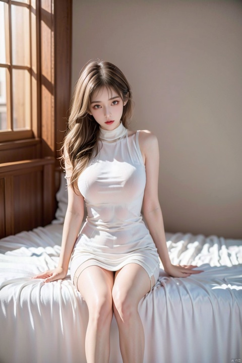 Enhancement, masterpiece, 16K, 1 girl, long hair, long hair, suspender, loose nightgown, sitting next to a low bed, gray bed sheet, long legs, long legs, fair skin, pure and beautiful, very clear, exquisite facial features,