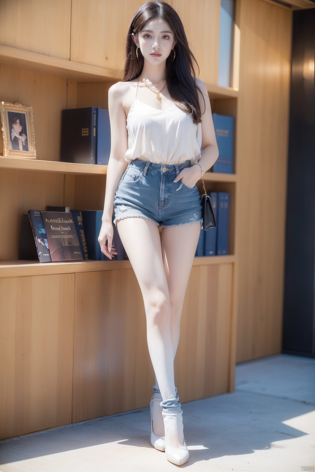 80sDBA style, fashionable, best quality, masterpiece, high-resolution, 4K, 1 girl, ultimate face, exquisite makeup, fluffy hair, black pantyhose, mesh socks, ripped jeans, pants, sparkling stars, (long legs: 1.5), necklace, earrings, high heels, bookshelf, long_hair, yunv, dlrb, yacht deck landscape