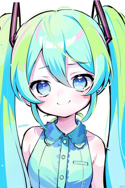 Hatsune Miku has green hair and smiles in front of the screen