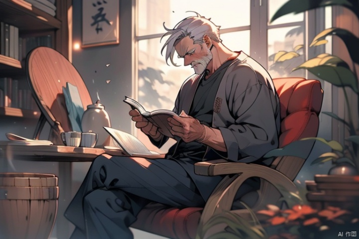  Reading a book,Sit in a chair,Old man,Old Dao Noodles,Gray Hair