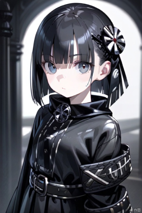 1 girl,solo,Looking at the,viewer,Bangs,Black hair,
Hair accessories,
Permanent,
all over,
Black dress,
Sleeves over the wrist,
Gray eyes,
Silver waistband