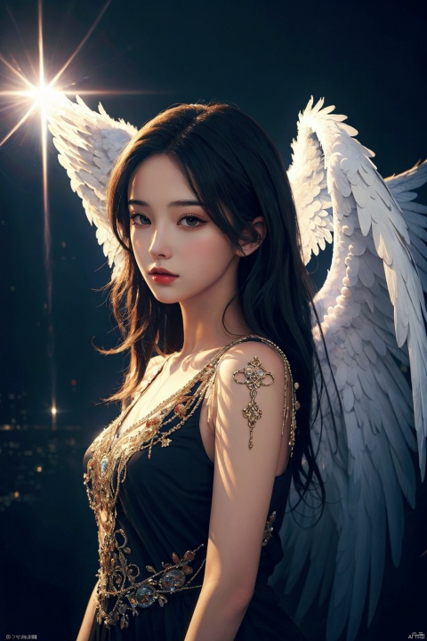  Angel Wings,Morgana ,(masterpiece, best quality:1.4),realistic anime style,(long exposure,shining light),dynamic streaks,luminous trails,vibrant colors,fluid movement,captivating patterns,creative experimentation,(1girl),(highest detailed),(masterpiece,best quality),Illustrative style,1girl,(masterpiece, top quality, best quality, official art, beautiful and aesthetic:1.2), huliya, qingyi
