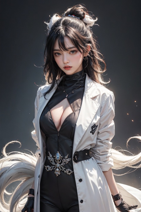  (masterpiece, best quality, best shadow,official art, correct body proportions, Ultra High Definition Picture,master composition),(bust:1.4), (light),
1boy, solo, breasts, looking at viewer, bangs, simple background, black hair, red eyes, gloves, long sleeves, hair between eyes, jewelry, upper body, white hair, multicolored hair, parted lips, teeth, black gloves, black eyes, two-tone hair, lips, streaked hair, coat, symbol-shaped pupils, ring, white coat, red pupils, x-shaped pupils, (hands behind back: 1.6),
, Nine tails, realistic