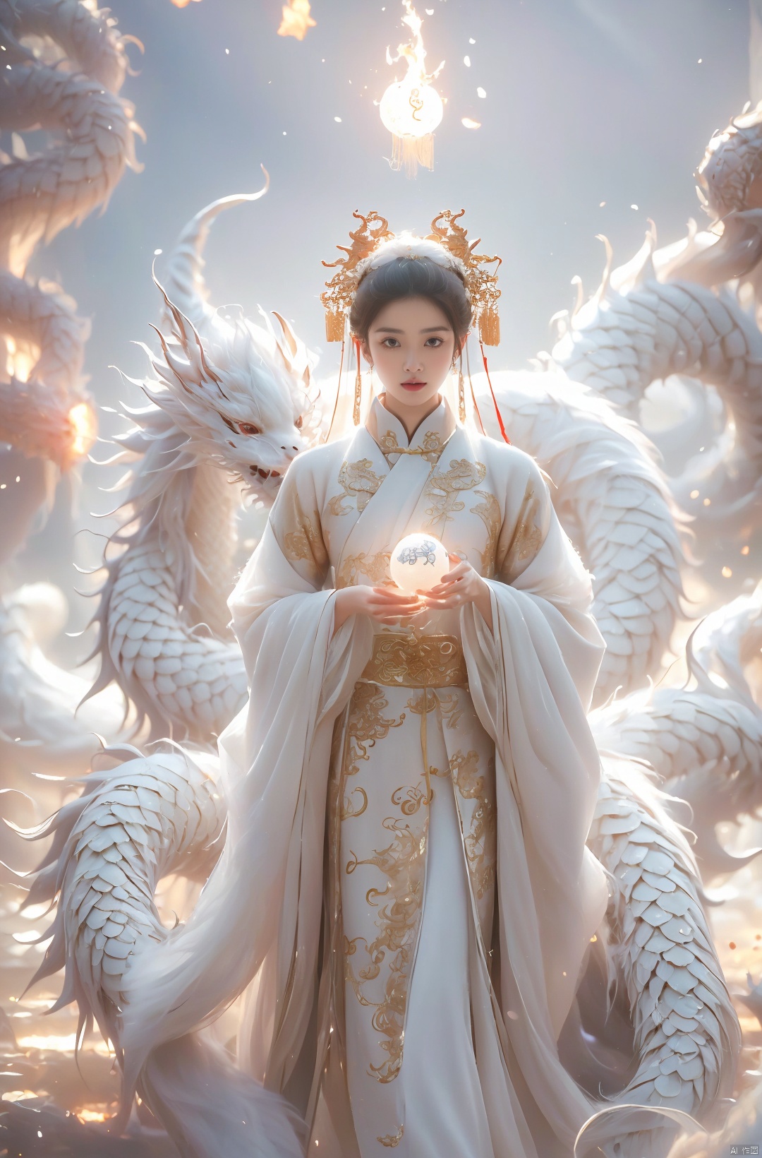  a woman with white hair holding a glowing ball in her hands, white haired deity, by Yang J, heise jinyao, inspired by Zhang Han, xianxia fantasy, flowing gold robes, inspired by Guan Daosheng, human and dragon fusion, cai xukun, inspired by Zhao Yuan, with long white hair, fantasy art style,,Ink scattering_Chinese style, smwuxia Chinese text blood weapon:sw, lotus leaf, (\shen ming shao nv\), gold armor, a boy_gmlwman, wunv, Nine tails, a dragon, lbb, drakan_longdress_dragon crown_headdress