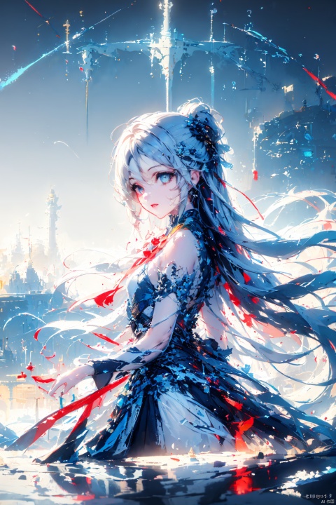 ((masterpiece)), ((best quality)), ((illustration)), extremely detailed,style girl, long shot, small breast,light grey very_long_hair, scifi hair ornaments, beautiful detailed deep eyes, beautiful detailed sky, beautifuldetailed water, cinematic lighting, (/qingning/), (\MBTI\), babata