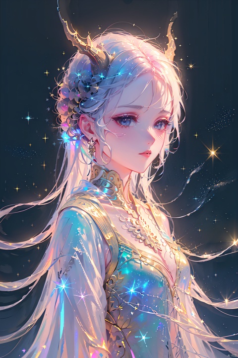  1 angelic girl, cosmic fantasy, celestial beings, starry galaxy, nebulous clouds, sparkling stars, twinkling constellations, floating amidst the Milky Way, halo of light surrounding her, translucent wings with iridescent shimmer, dressed in a gown adorned with cosmic motifs, serene expression, (ethereal glow:1.5), (interstellar travel theme:1.3), (floating particles resembling stardust:1.2), (deep space background with distant galaxies:1.4), (silhouette of planets in the distance:1.1), (incorporate elements of sci-fi:1.2), (dynamic composition suggesting movement through space:1.3).