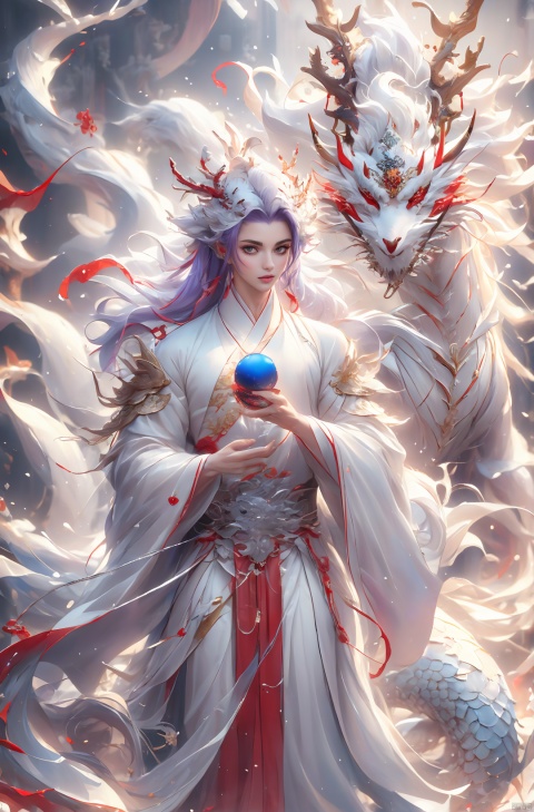 a male with purple hair holding a glowing ball in her hands, white haired deity, by Yang J, heise jinyao, inspired by Zhang Han, xianxia fantasy, flowing gold robes, inspired by Guan Daosheng, human and dragon fusion, cai xukun, inspired by Zhao Yuan, with long white hair, fantasy art style,,Ink scattering_Chinese style, smwuxia Chinese text blood weapon:sw, lotus leaf, (\shen ming shao nv\), gold armor, a boy_gmlwman, wunv, Nine tails, a dragon, lbb, drakan_longdress_dragon crown_headdress, daughter of the Dragon King