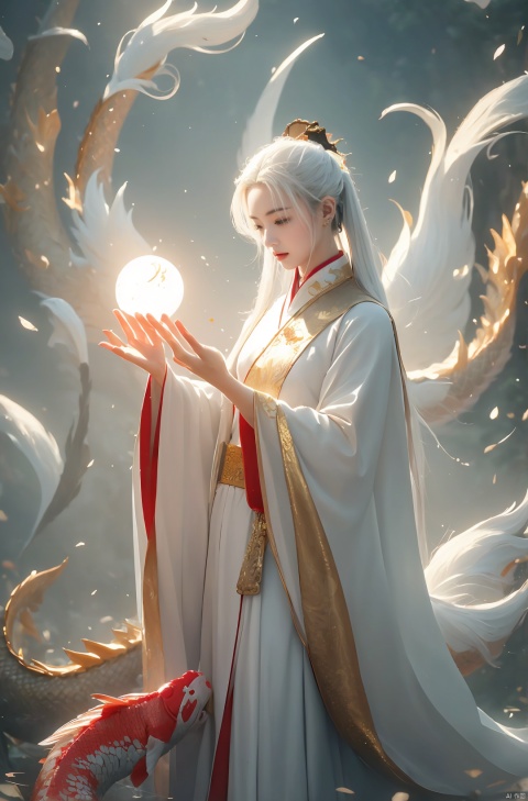  a woman with white hair holding a glowing ball in her hands, white haired deity, by Yang J, heise jinyao, inspired by Zhang Han, xianxia fantasy, flowing gold robes, inspired by Guan Daosheng, human and dragon fusion, cai xukun, inspired by Zhao Yuan, with long white hair, fantasy art style,,Ink scattering_Chinese style, smwuxia Chinese text blood weapon:sw, lotus leaf, (\shen ming shao nv\), gold armor, a boy_gmlwman, wunv, Nine tails, a dragon, lbb, jyy-hd, Koi carp