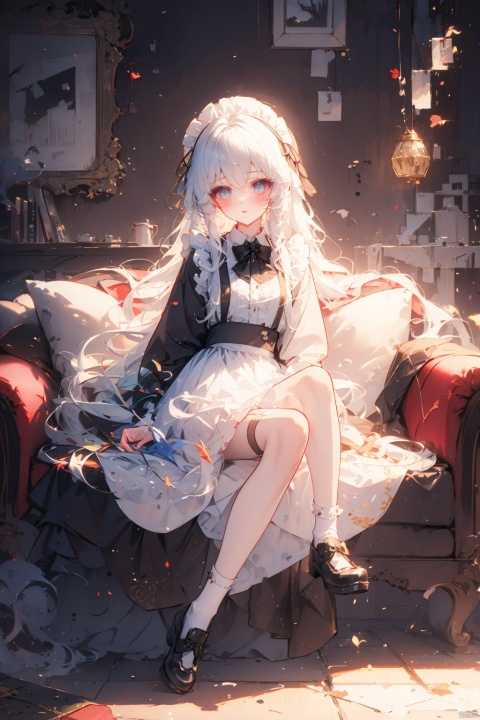 (best quality), (masterpiece),1girl, socks, dress, long hair, bow, looking at viewer, solo, maid headdress, blush, white dress, black footwear, long sleeves, white socks, shoes, bowtie, bangs, black bow, thigh strap, white hair, very long hair, couch, black bowtie, parted lips, (/qingning/), (\shen ming shao nv\)