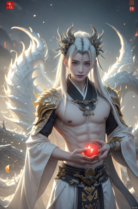  a woman with white hair holding a glowing ball in her hands, white haired deity, by Yang J, heise jinyao, inspired by Zhang Han, xianxia fantasy, flowing gold robes, inspired by Guan Daosheng, human and dragon fusion, cai xukun, inspired by Zhao Yuan, with long white hair, fantasy art style,,Ink scattering_Chinese style, smwuxia Chinese text blood weapon:sw, lotus leaf, (\shen ming shao nv\), gold armor, a boy_gmlwman, wunv, Nine tails